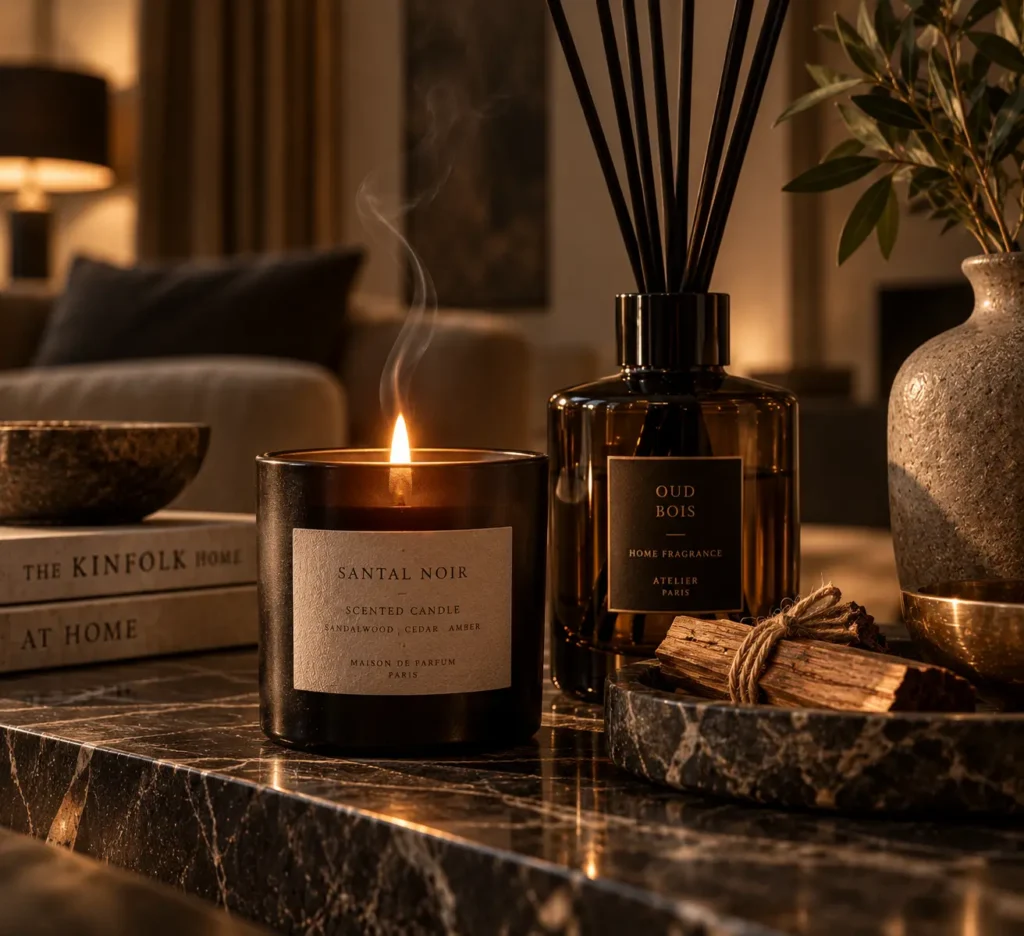 Macro lifestyle shot detailing a lit amber glass luxury candle labeled Santal Noir next to an Oud Bois reed diffuser, resting on a dark veined marble coffee table top.