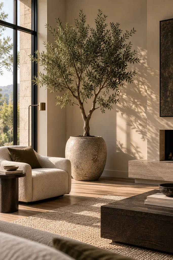 Airy living room corner showcasing a tall indoor olive tree in an oversized textured stone pot, casting graphic branch shadows onto a matte sand-colored wall next to a bouclé armchair.