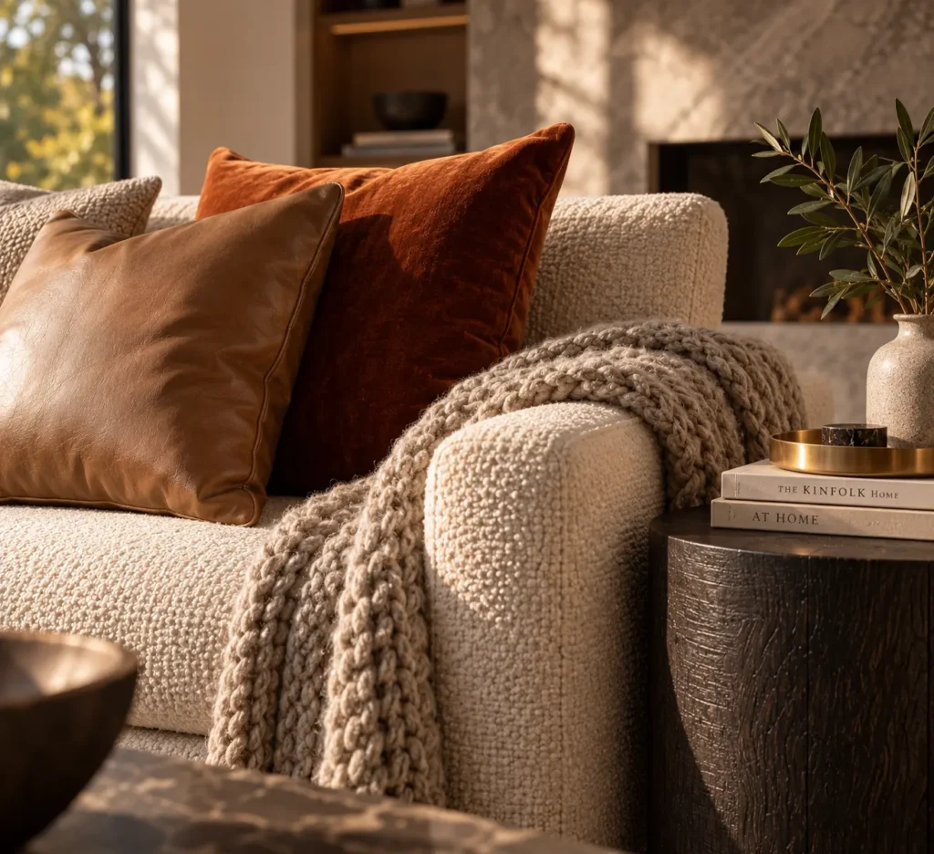Close-up lifestyle shot of a cream bouclé sofa layered with a smooth brown leather cushion, a terracotta velvet pillow, and a heavy, chunky neutral knit throw blanket resting next to a dark wood side table.