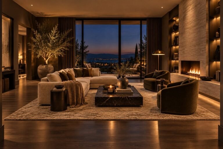 Elegant living room interior at dusk featuring a dark marble fireplace, a cream sectional sofa, and two olive green armchairs anchored by a large woven rug, overlooking a lit cityscape through expansive glass windows.