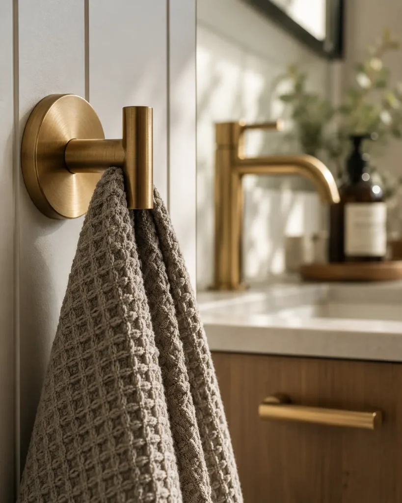 Close-up editorial shot of a brushed brass T-bar towel hook mounted on a white vertical shiplap wall holding a textured beige waffle-weave towel, with a matching brass faucet blurred in the background.