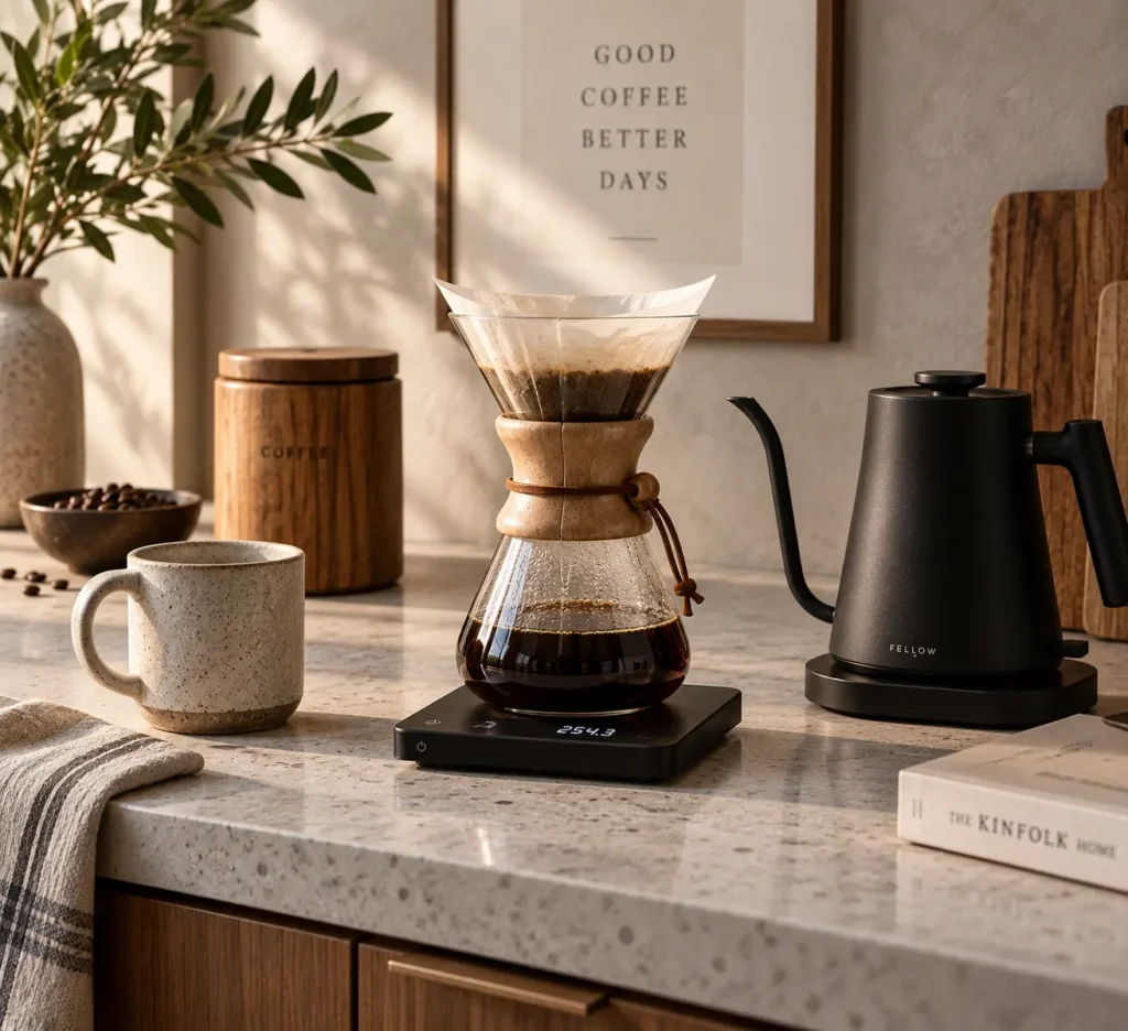 A bright kitchen countertop showcasing a classic glass pour-over coffee maker resting on a digital scale, alongside a matte black electric gooseneck kettle, a speckled ceramic mug, and a wooden coffee bean canister.