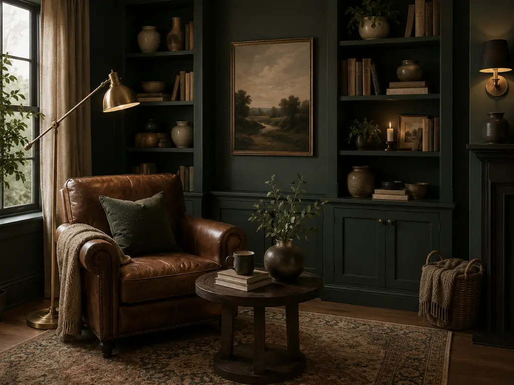 A moody botanical inspired reading nook with deep hunter green built-in bookshelves, an antique landscape painting, a vintage brass floor lamp, and a rich brown leather tufted armchair.