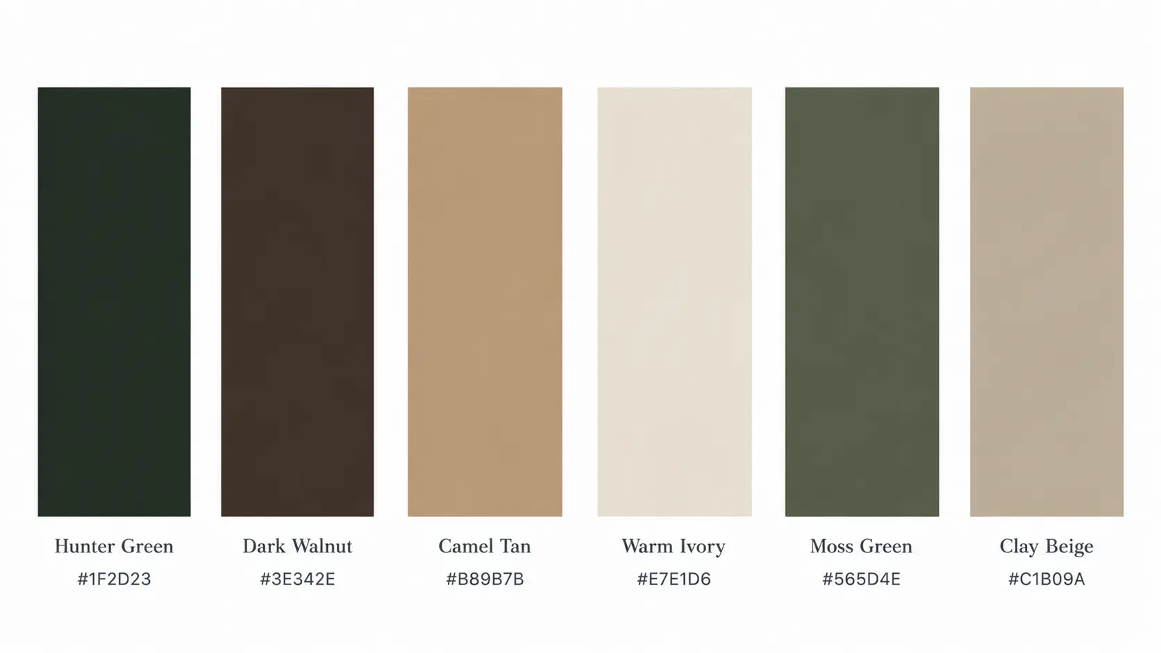 Moody Botanical interior color scheme showcasing swatches for Hunter Green, Dark Walnut, Camel Tan, Warm Ivory, Moss Green, and Clay Beige.