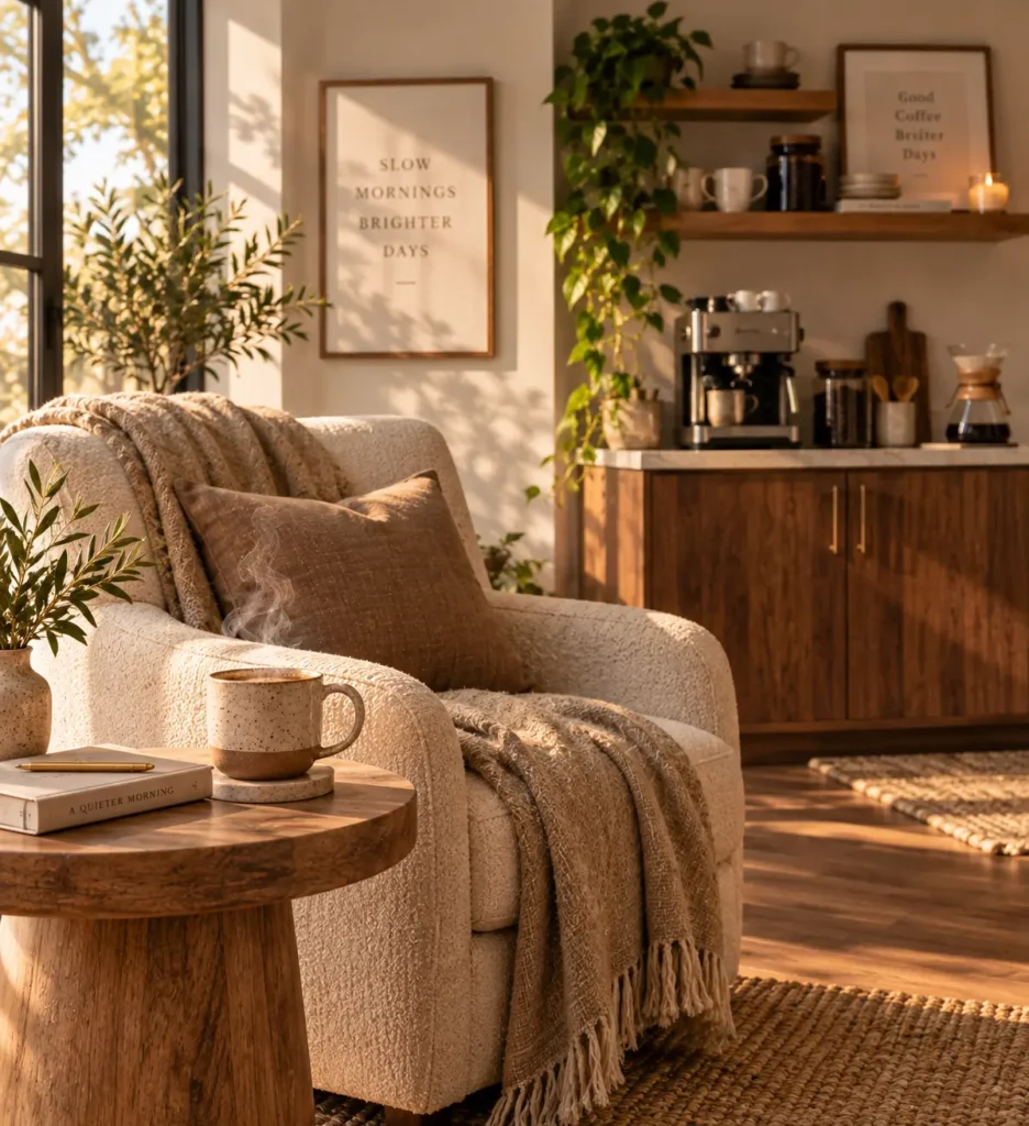 A warm, sunlit living room nook featuring a plush cream bouclé armchair with a brown throw pillow and knit blanket, next to a round wooden side table holding a steaming coffee mug and a book.