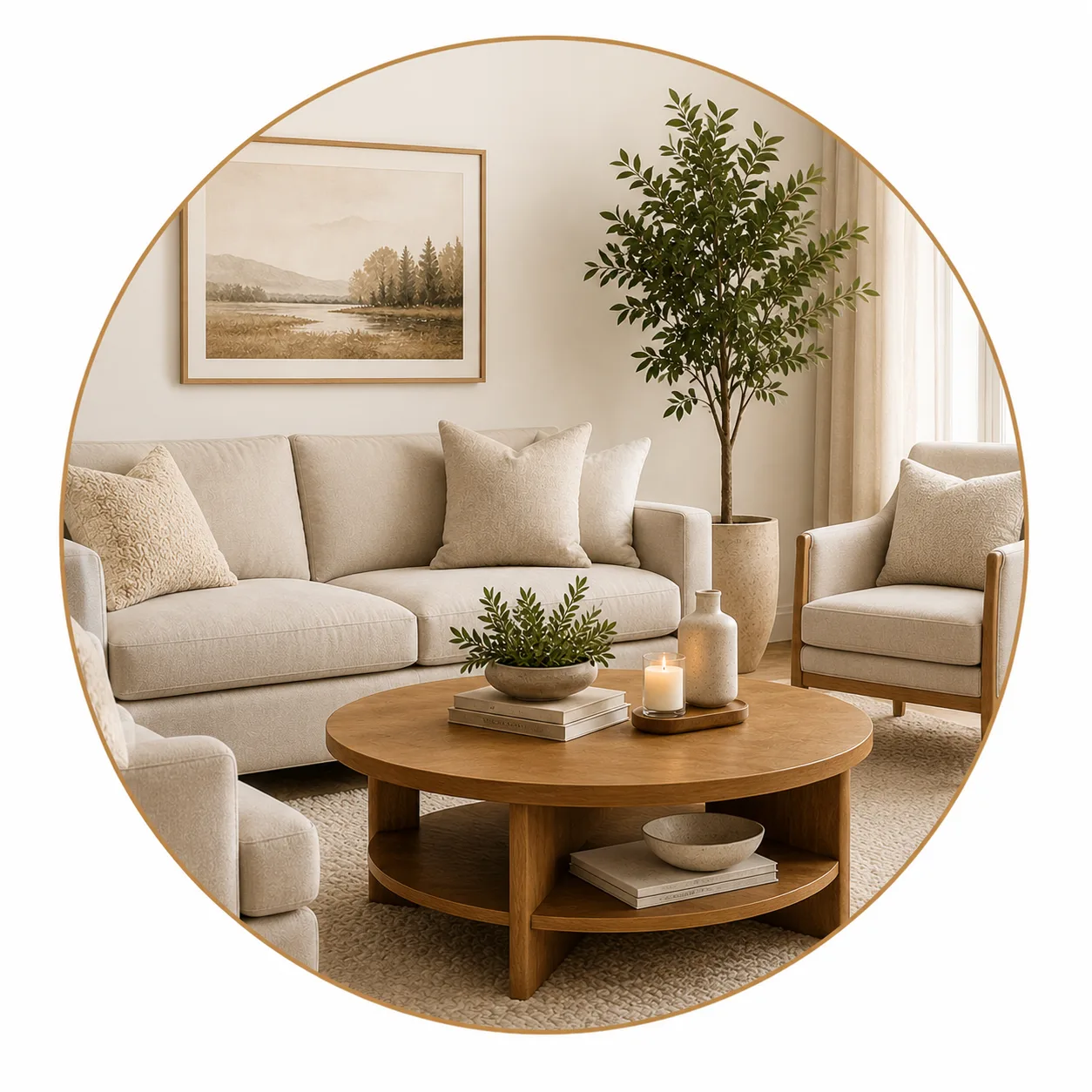 A neutral toned living room featuring a cream sectional sofa, a round wooden coffee table with a lit candle, an armchair, and a tall potted olive tree.