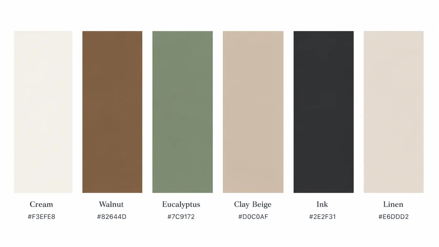 Organic Modern home decor color palette containing paint swatches for Cream, Walnut, Eucalyptus, Clay Beige, Ink, and Linen.