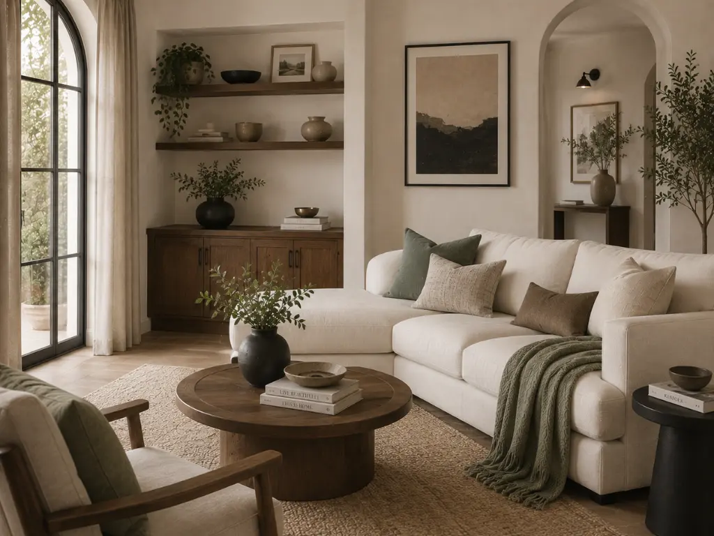 An organic modern living room design showing a cream sectional sofa, dark oak built-in shelves filled with pottery, an arched doorway, and a rustic round wood coffee table on a sisal rug.