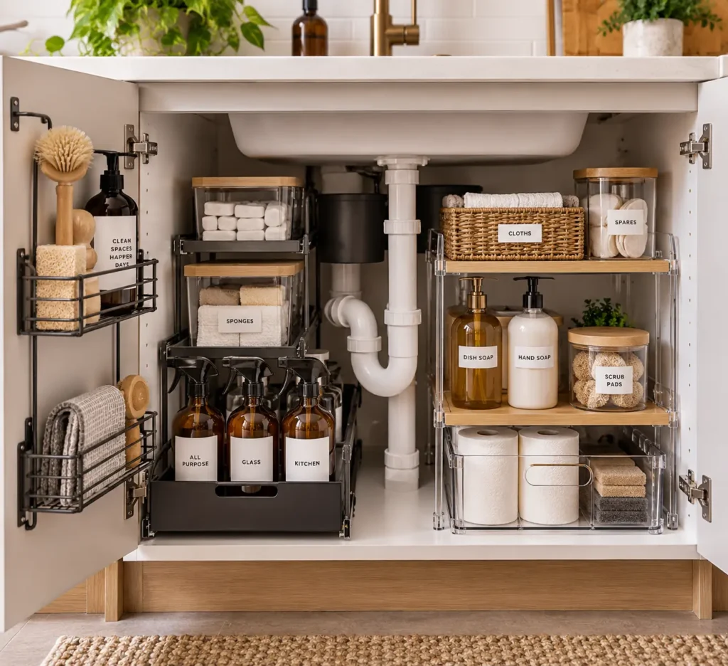 A meticulously organized under-sink kitchen cabinet featuring sliding black wire drawers for spray bottles, clear acrylic bins for sponges, woven baskets for cloths, and labeled glass jars.