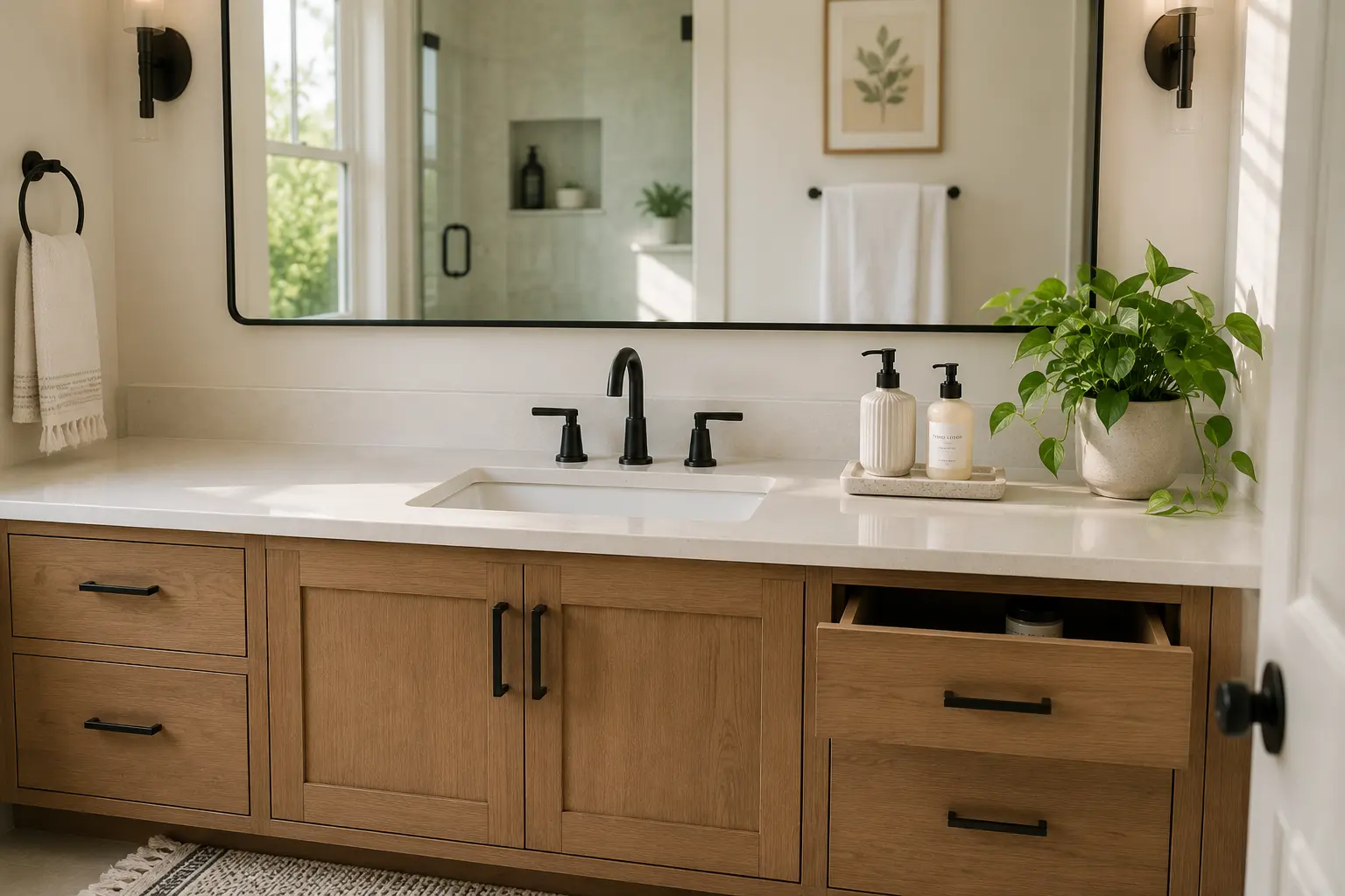 A perfectly organized oak wood bathroom vanity with a clean white quartz countertop, a minimalist black faucet, a large rectangular black-framed mirror, a simple potted plant, and a single neatly arranged stone tray with soap bottles.