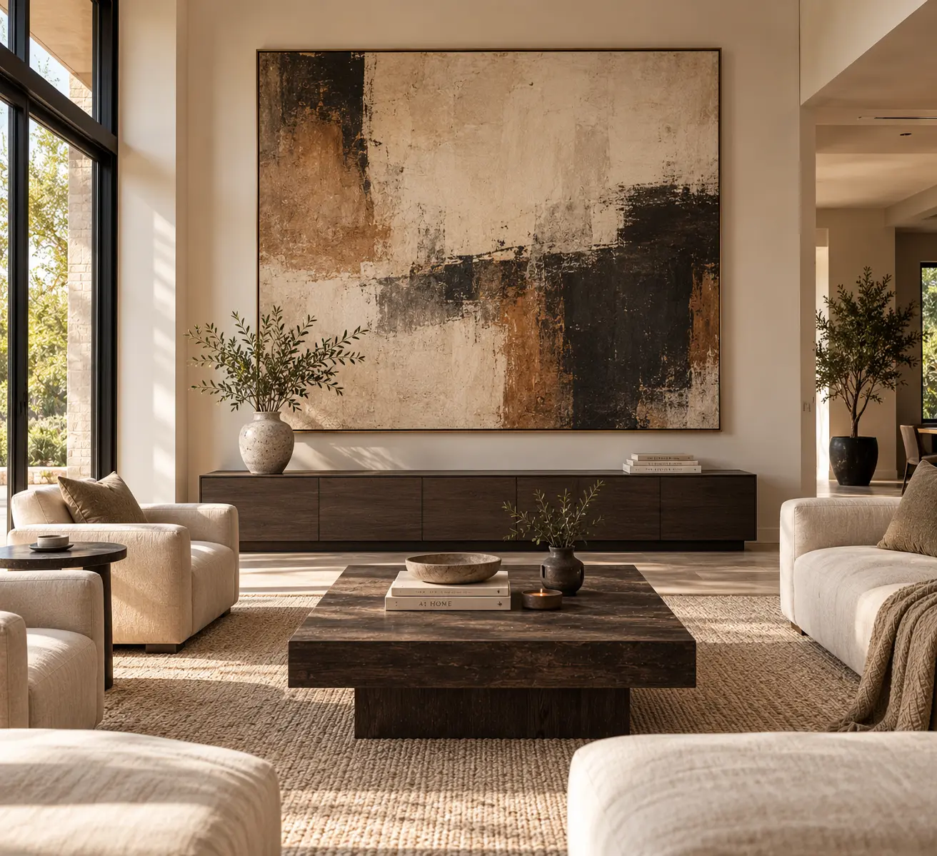 Minimalist living room accent wall showcasing a massive abstract canvas artwork in earthy cream, brown, and charcoal tones hanging directly above a sleek, dark-stained low floating console table.