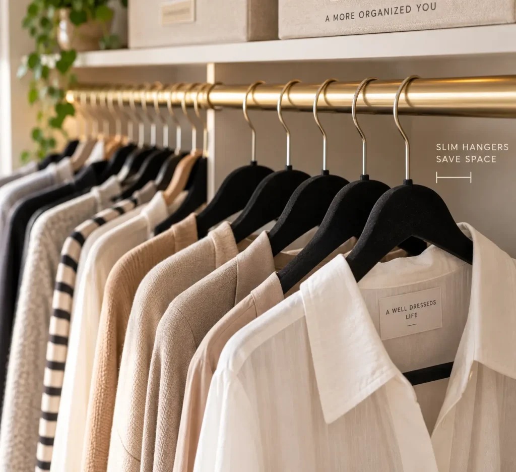 A close-up editorial shot focusing on neutral blouses and coats hung uniformly on sleek black velvet slim hangers to maximize storage space along a brass wardrobe rod.