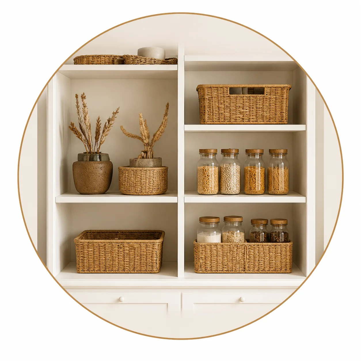 Perfectly organized white pantry shelves with woven seagrass storage baskets and uniform glass jars with wooden lids holding grains and pasta.