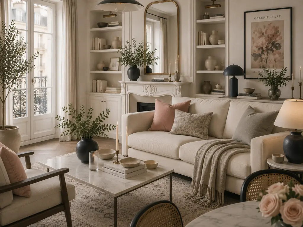 A Parisian modern styled living room with an ornate white fireplace mantel, high arched windows, a cream sofa accented by soft blush throw pillows, and light herringbone wood floors.