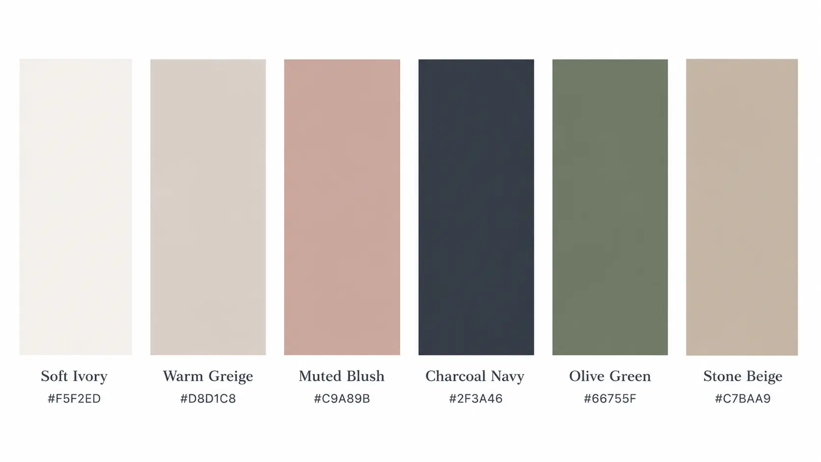 Parisian Modern home interior palette highlighting Soft Ivory, Warm Greige, Muted Blush, Charcoal Navy, Olive Green, and Stone Beige swatches.