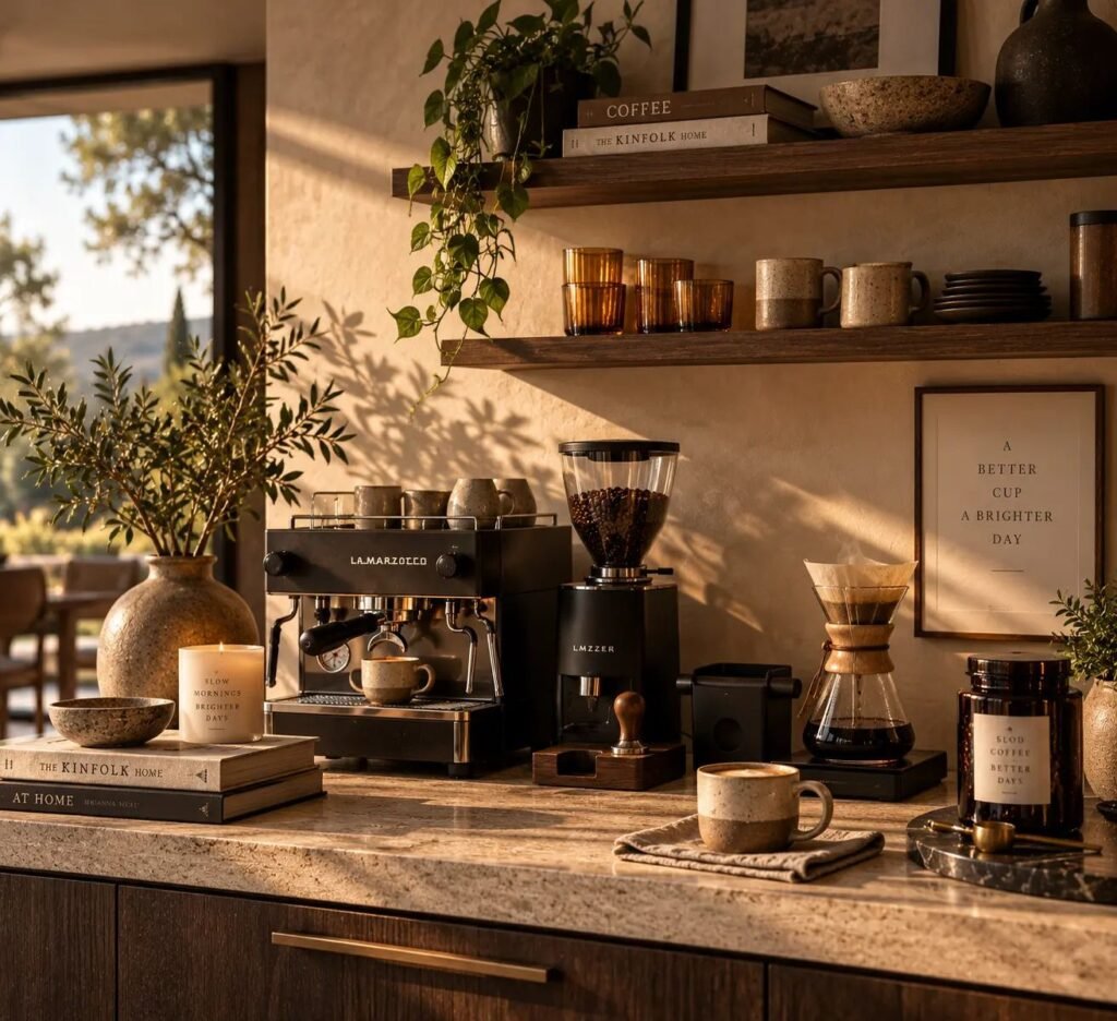 A high-end home coffee bar featuring a matte black professional espresso machine and coffee grinder, flanked by a pour-over carafe, a lit candle, and open wooden shelving displaying amber glasses and ceramic mugs.