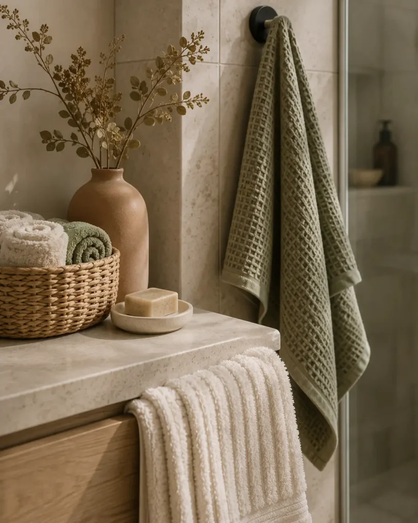 A close-up view of a bathroom vanity counter styled with a woven basket of rolled washcloths, a terracotta clay vase with dried branches, a bar of soap on a stone dish, and a sage green waffle towel hanging from a black hook.