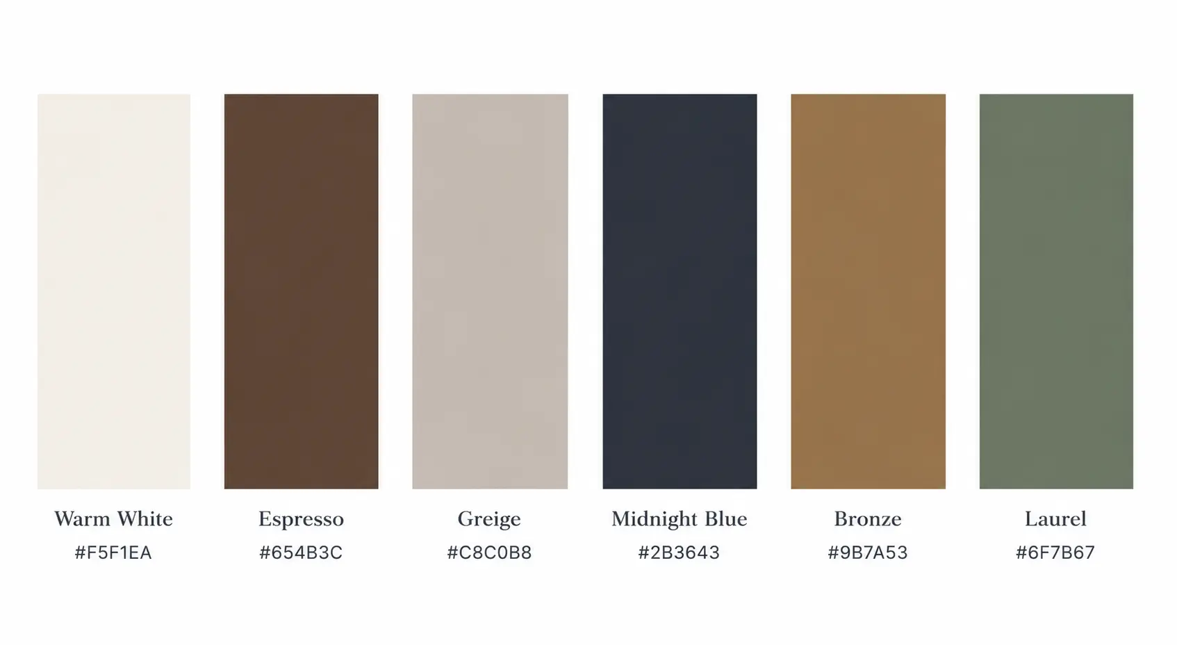 Quiet Luxury interior design color palette displaying swatches for Warm White, Espresso, Greige, Midnight Blue, Bronze, and Laurel with hex codes.