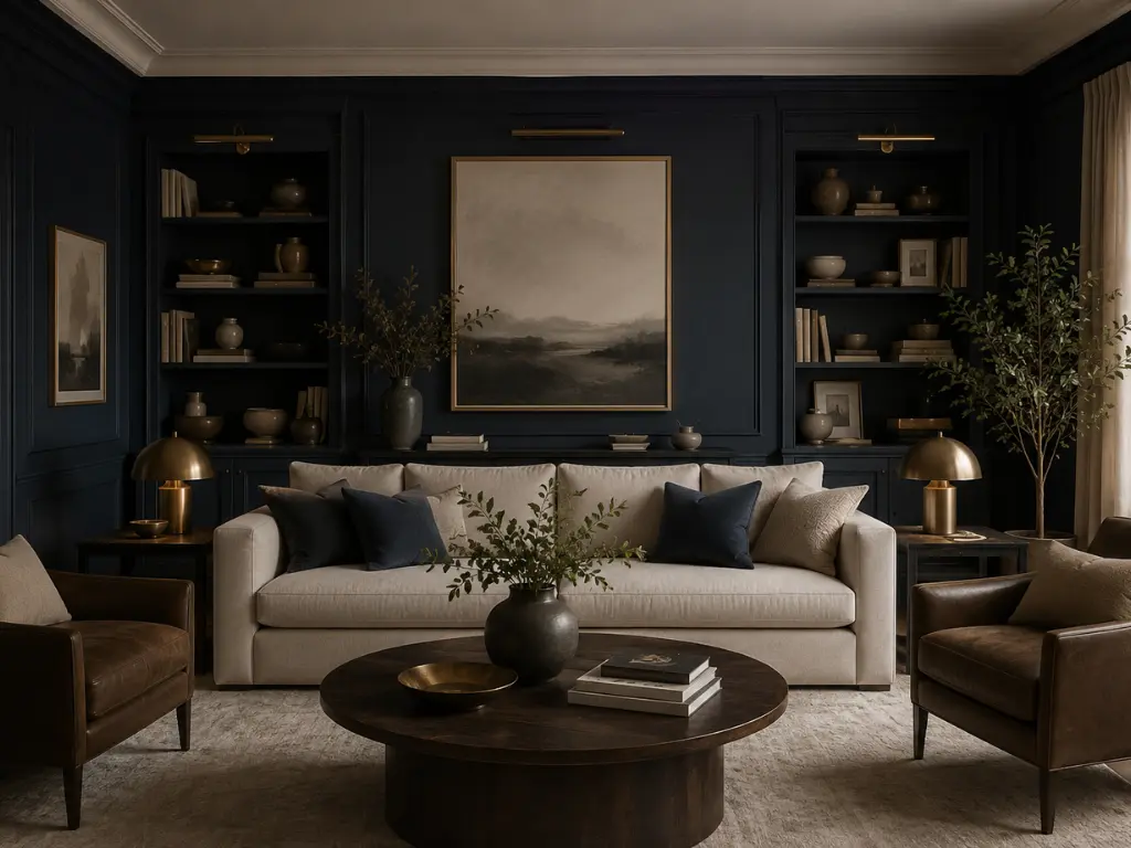 A quiet luxury living room interior with dramatic dark navy blue walls and built-in bookshelves, a large off-white sofa, low-profile leather armchairs, and warm brass dome table lamps.