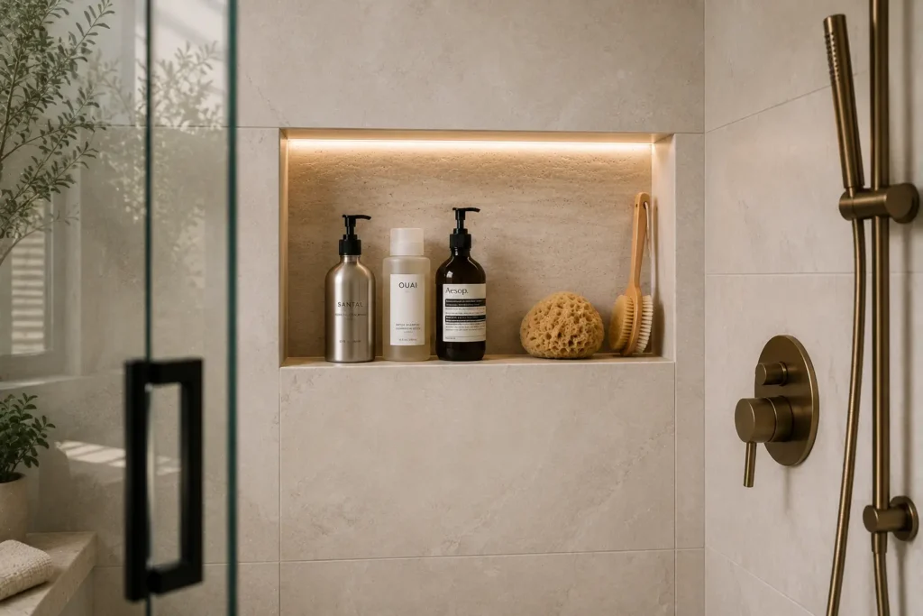 A minimalist limestone shower enclosure featuring a built-in recessed storage niche backlit with warm LED strip lighting, holding premium silver and amber soap pump bottles, a natural sea sponge, and a wood body brush.
