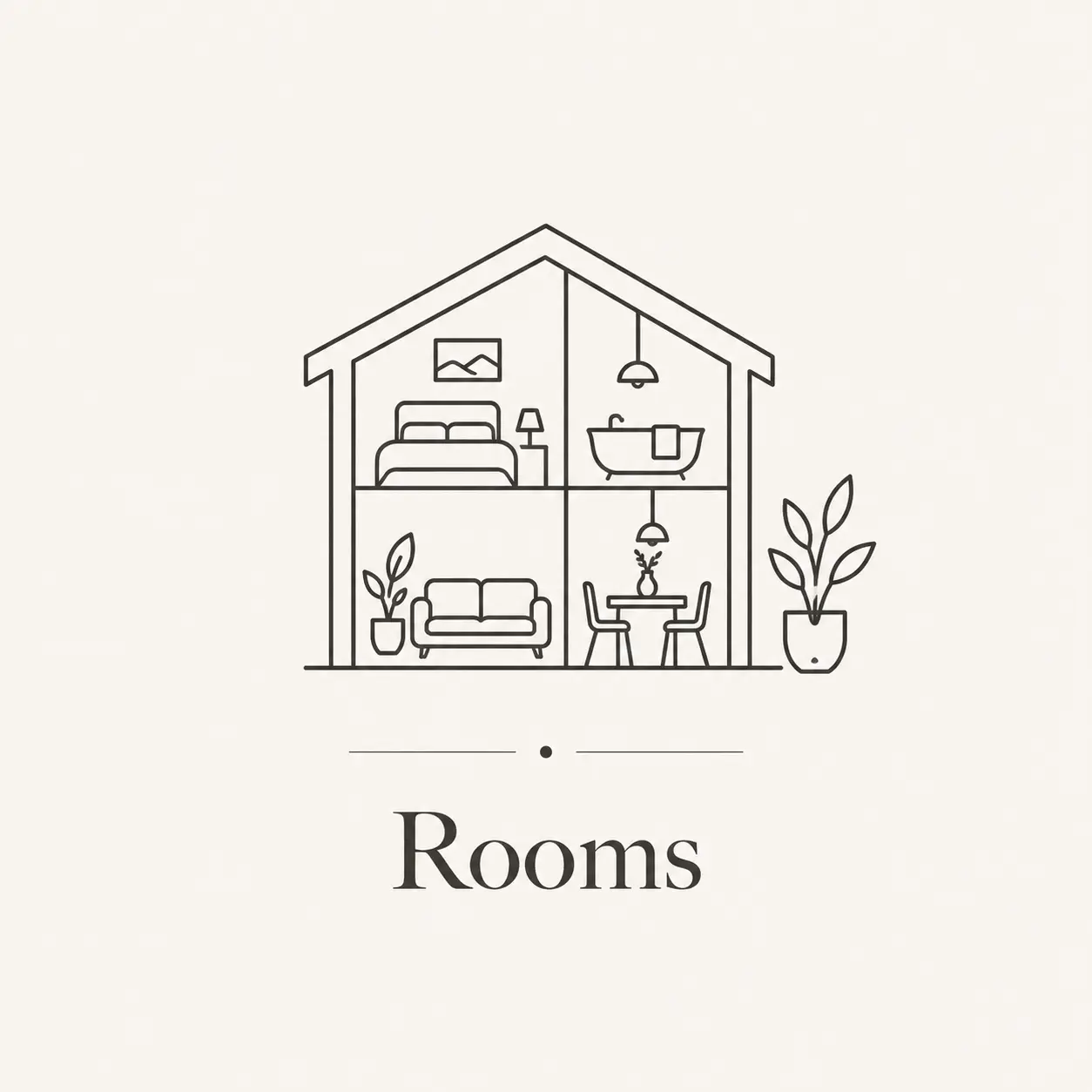 Minimalist house icon representing the Rooms category.