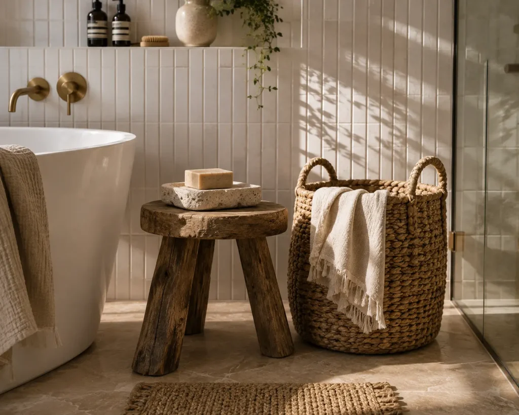 A spa-like bathroom corner showcasing a freestanding white tub, a weatherworn rustic wooden stool holding a bar of soap, a large braided seagrass laundry hamper filled with linen towels, and vertical tile walls.