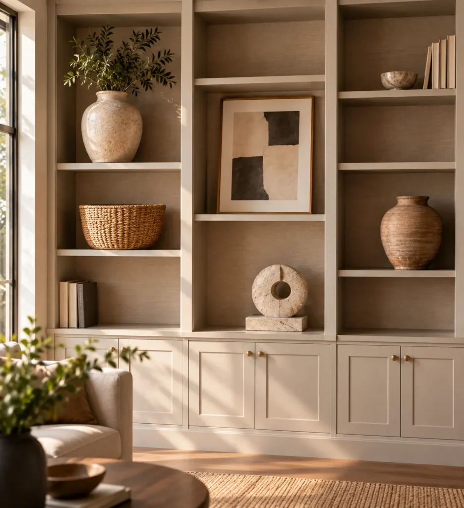 A close-up view of a custom warm greige built-in bookcase with lower cabinets, styled minimalistically with an oversized speckled ceramic vase, a woven basket, abstract framed art, and a porous stone donut sculpture.