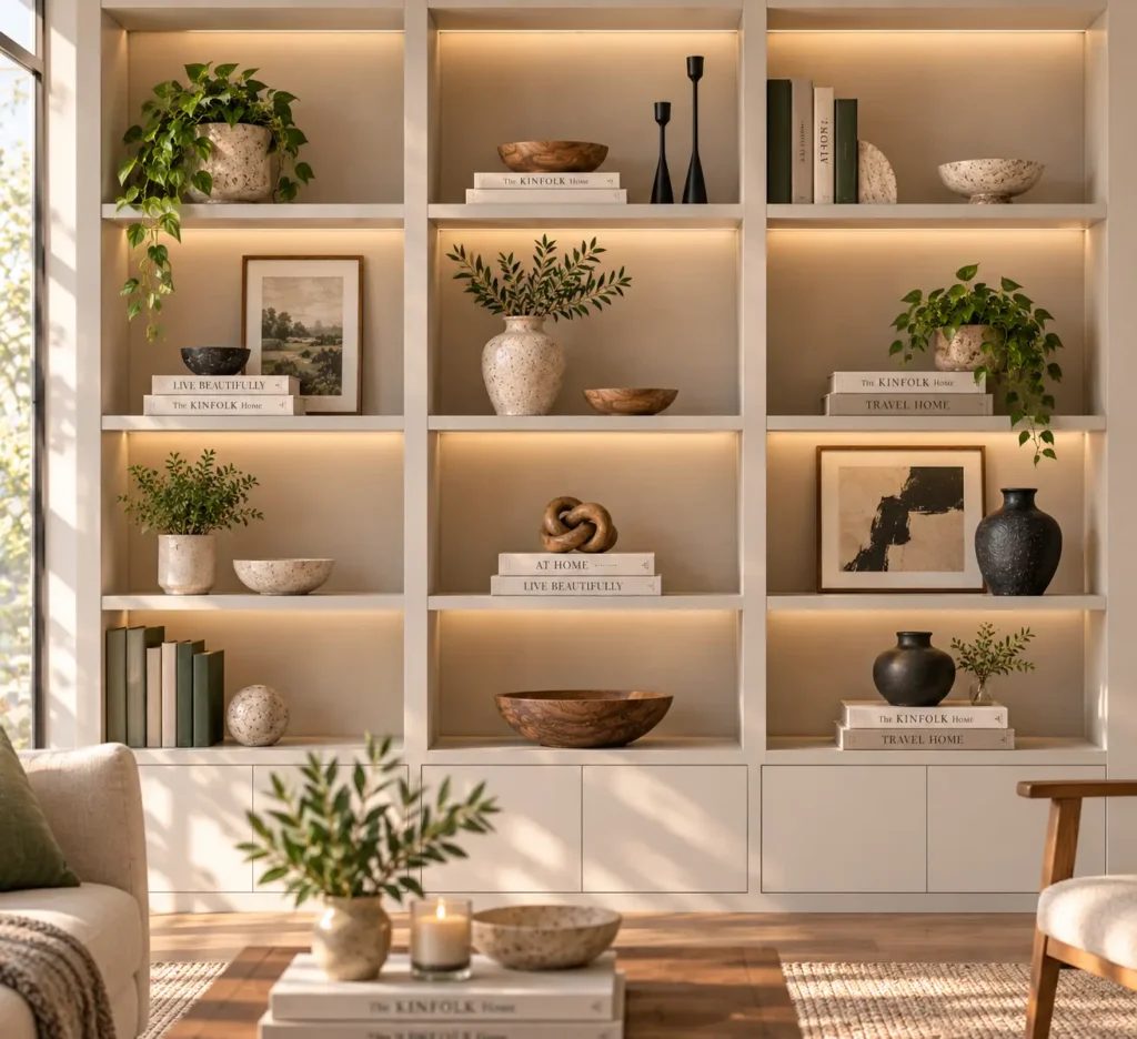 A wide-angle view of a clean nine-cube built-in shelving unit illuminated by warm recessed LED strip lights, styled symmetrically with earth-toned pottery, trailing plants, and minimal books.