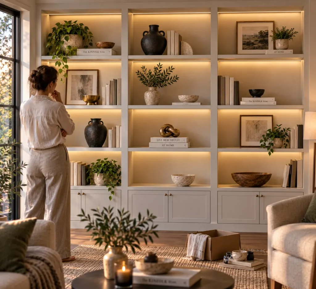A wide horizontal view of a home organizer standing in front of a massive, glowing backlit custom bookcase grid, evaluating the placement of curated pottery, plants, and books during a room transformation.