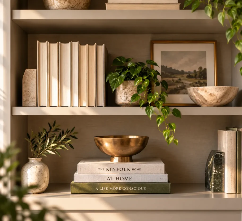 A beautifully organized bookshelf vignette showcasing stacked books topped with a pedestal brass bowl, flanked by structured linen volumes with travertine bookends and a trailing pothos plant.