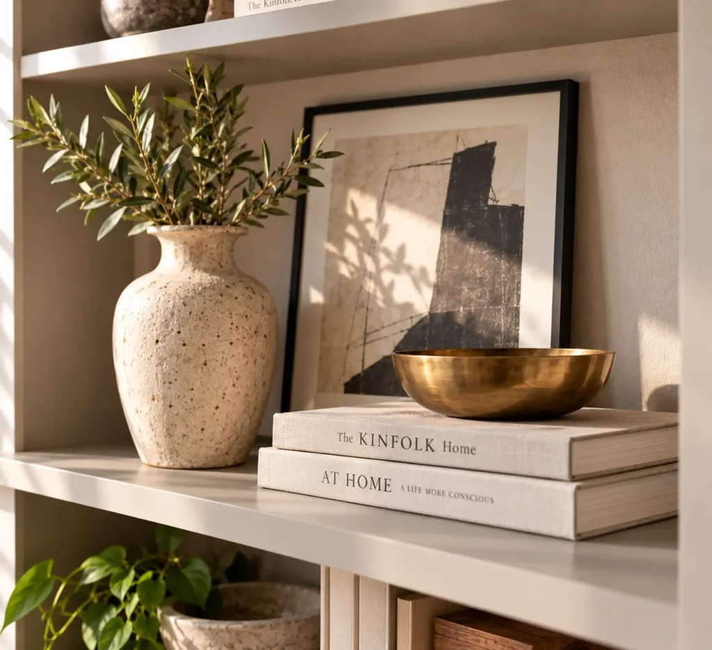 A detailed shelf styling vignette showcasing a brass bowl resting on stacked linen hardcover books titled The Kinfolk Home and At Home, positioned next to a rustic ceramic jug filled with fresh olive branches.