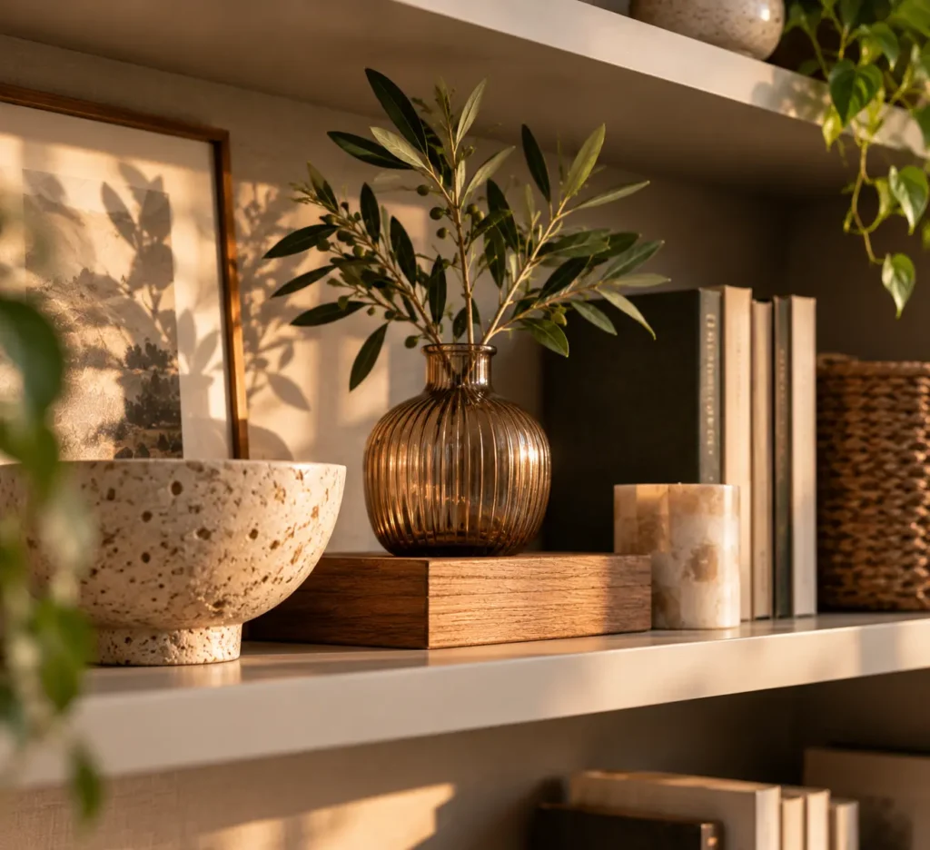 Close-up shot of a library shelf featuring a fluted amber glass vase with an olive branch cutting resting on a walnut block riser, next to a porous stone bowl and a lit alabaster candle.