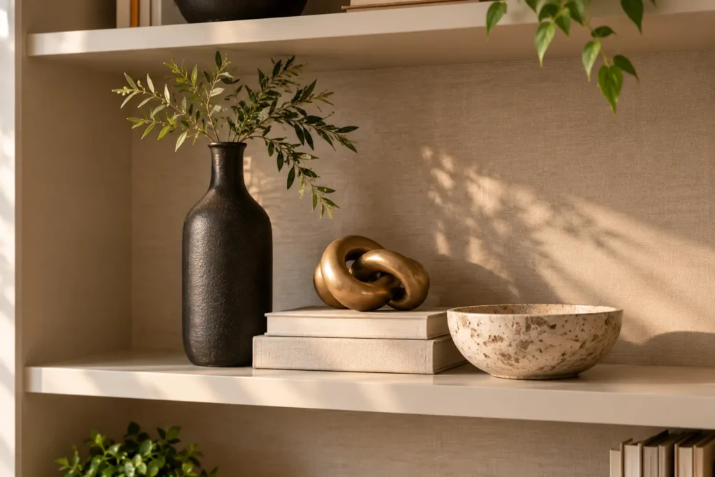 Close-up view of an open bookshelf featuring a gritty matte black glass bottle pitcher, a gold interlocking chain link sculpture resting on stacked books, and an empty speckled stone bowl under warm evening light.