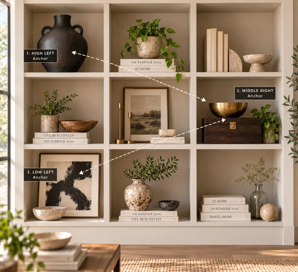 An educational graphic displaying bookshelf styling rules, with dotted lines mapping out a dynamic triangular layout across a large matte black jar, a central brass bowl, and a bold abstract painting.