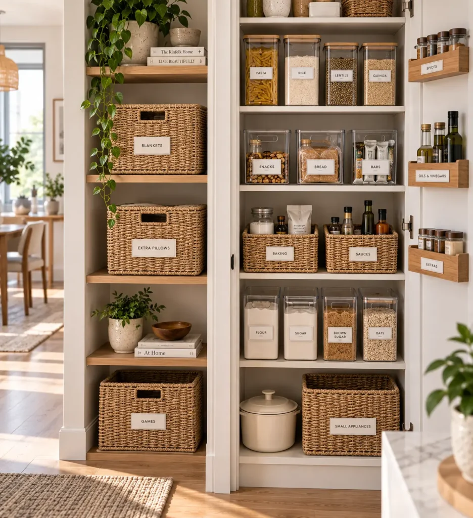 A flawlessly organized kitchen pantry cabinet filled with uniform glass jars labeled for pasta, rice, and flour, alongside woven baskets for baking supplies and extra blankets on open shelving units.