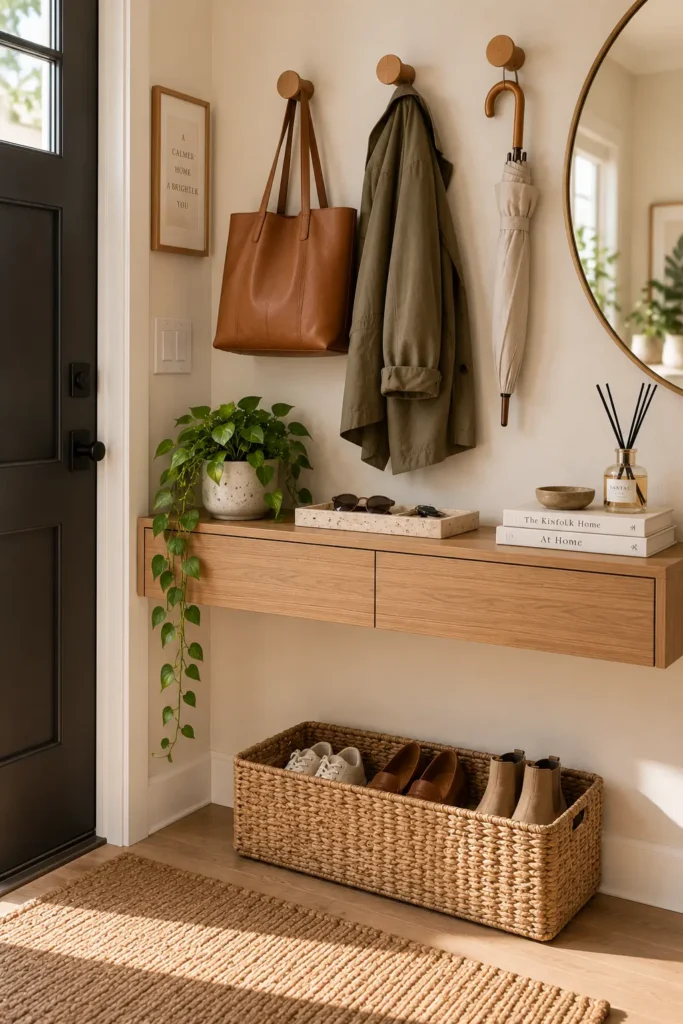A clean, airy entryway mudroom featuring a floating oak console table with drawers, wooden wall pegs holding a leather tote bag and coat, a round mirror, and a large woven floor basket for shoes.