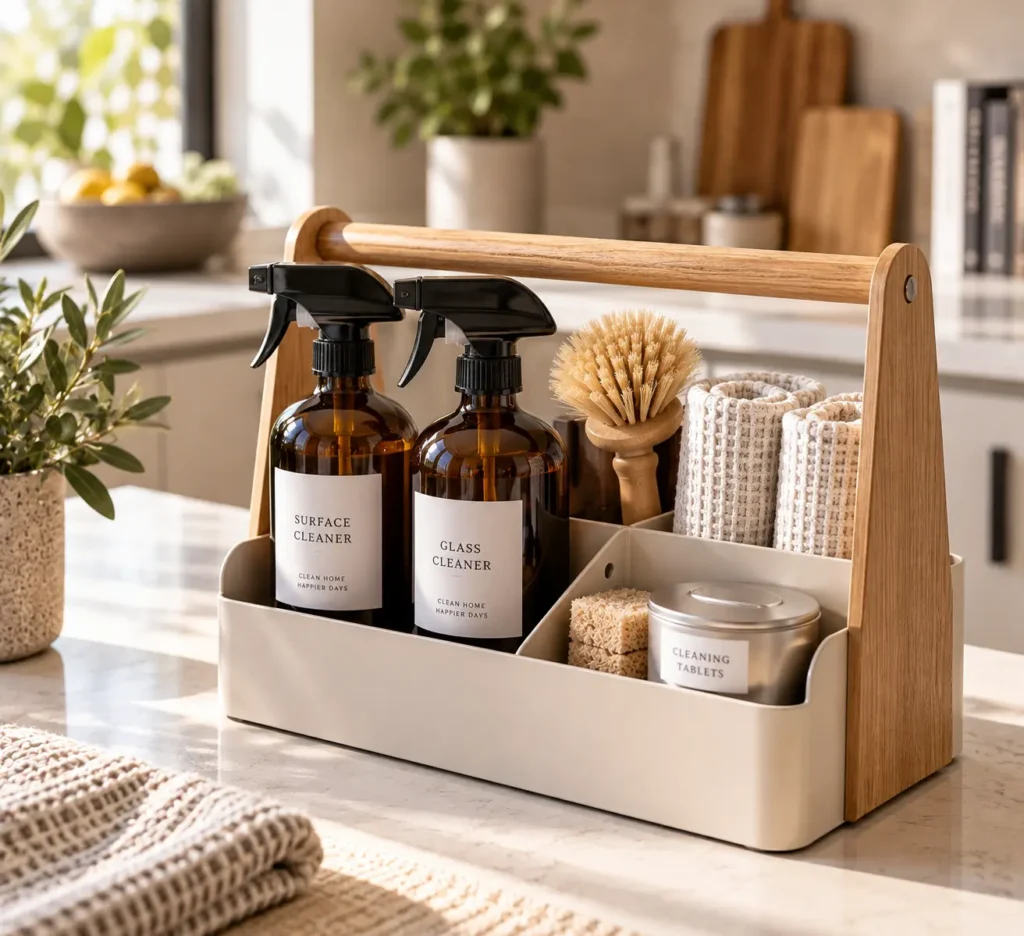 A modern cream metal cleaning caddy with a round oak handle sitting on a marble kitchen island, organizing two amber glass spray bottles, a wooden scrub brush, rolled dish towels, and a tin jar.