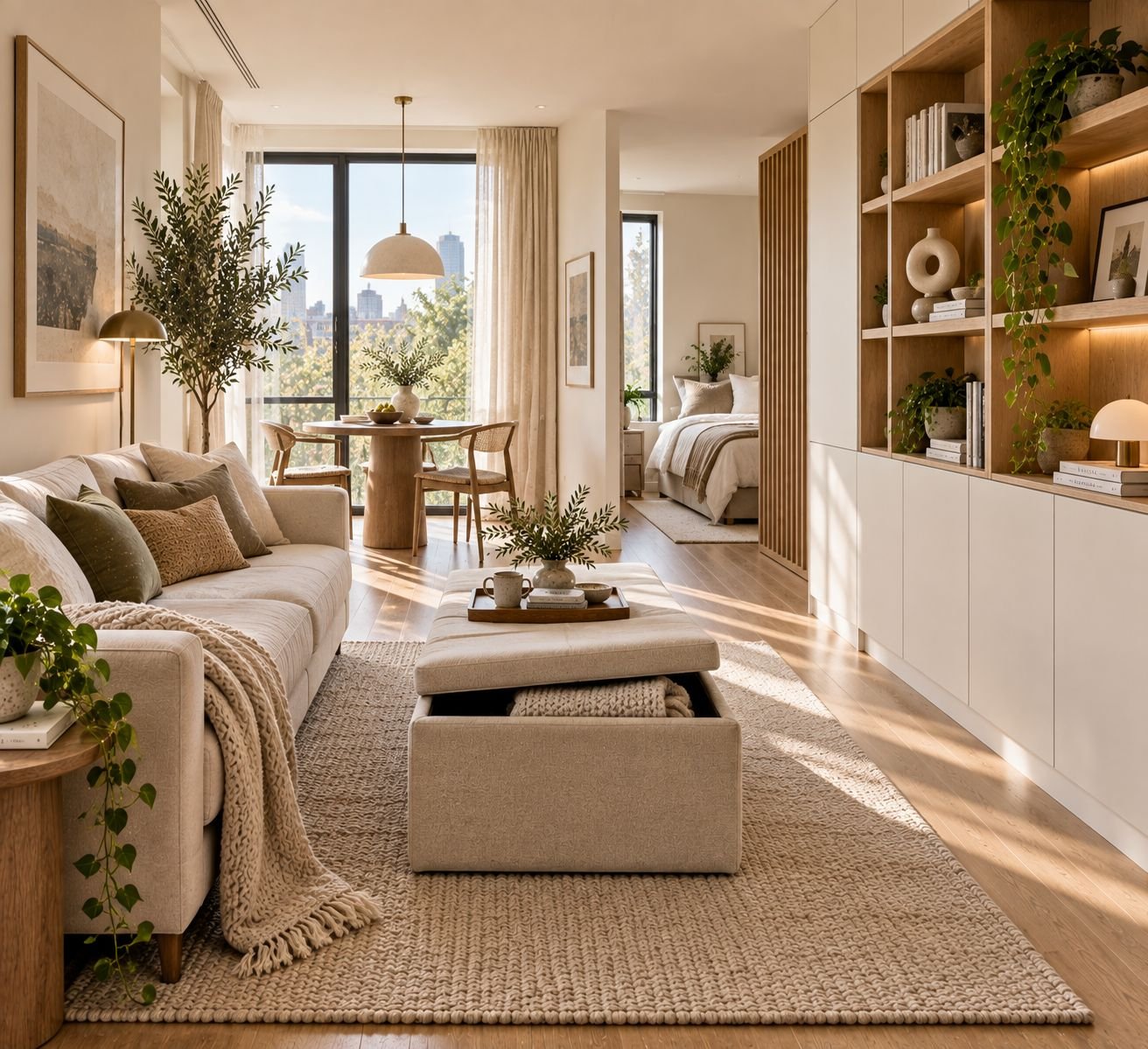 A bright, open-plan studio apartment layout featuring a cream linen sofa, a textured area rug, and a matching fabric storage ottoman filled with blankets, with a floor-to-ceiling wooden storage unit on the right.