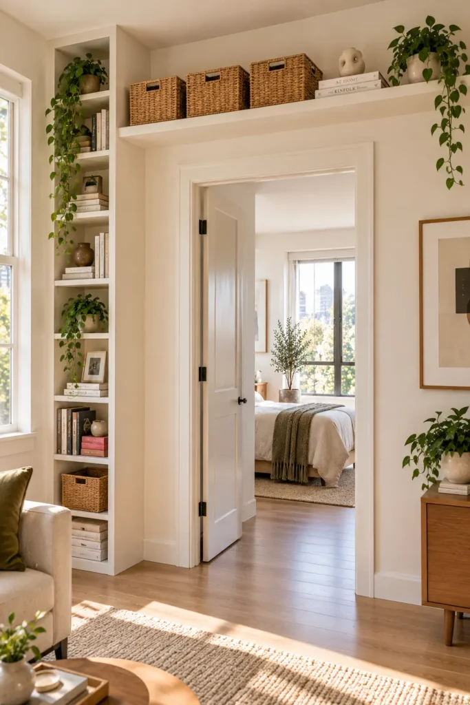 An elegant doorway portal leading into a sunlit bedroom, flanked by a floor-to-ceiling built-in bookcase filled with books and trailing plants, topped with matching woven storage baskets above the door frame.