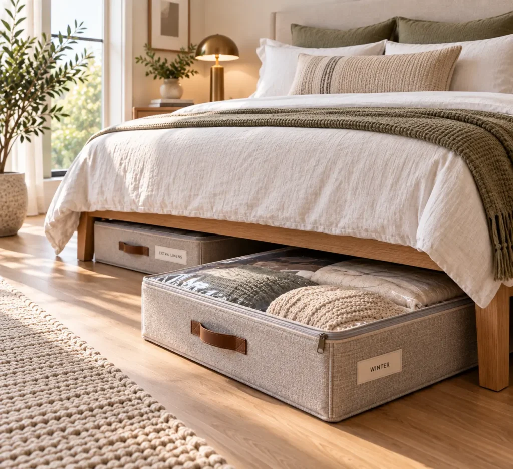 Close-up view of a minimalist white-oak platform bed frame, showcasing zippered fabric storage bins labeled for winter clothes and extra linens tucked neatly underneath onto a hardwood floor.