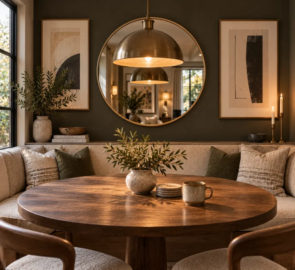 A balanced dining area with a round wooden table under a brass dome pendant, backed by a dark sage green wall holding a large round brass-framed mirror flanked by two graphic minimalist art prints.