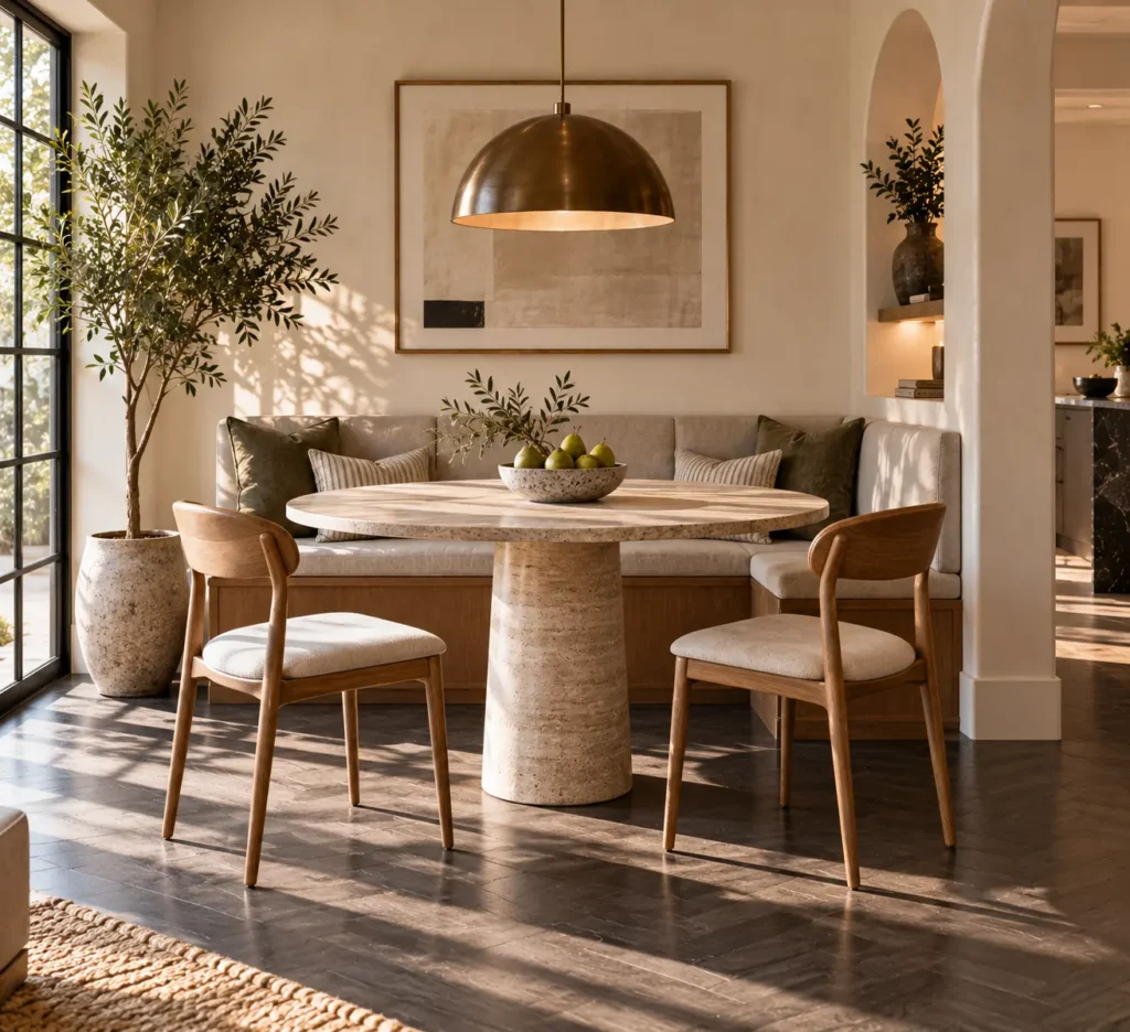 An elegant dining banquette nook featuring a monolithic travertine stone pedestal table and two mid-century oak chairs with cream cushions, illuminated by a warm brass dome pendant light against a soft plaster arch architecture background.