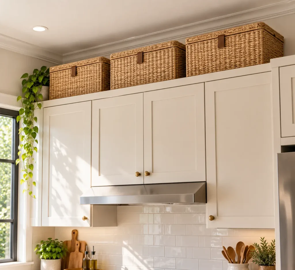 A close-up of a kitchen ceiling line showcasing three large, lidded woven seagrass baskets resting on top of upper white shaker cabinets to utilize deep dead space for long-term storage.