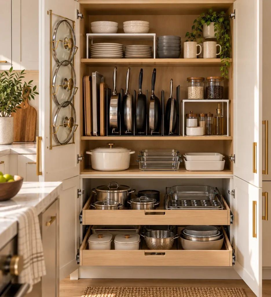 An open white kitchen pantry cabinet showing organized storage, featuring built-in vertical slots for frying pans and cutting boards, deep pull-out wooden drawers for pots, and a door-mounted pot lid rack.