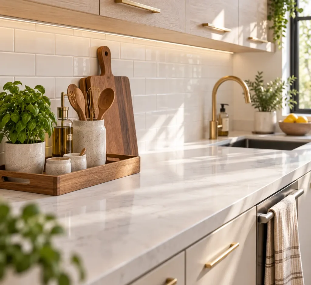 A bright kitchen countertop made of veined white marble, showing a styled wooden tray holding a stoneware spoon crock, cooking oils, and a fresh basil plant under glowing cabinet lighting.