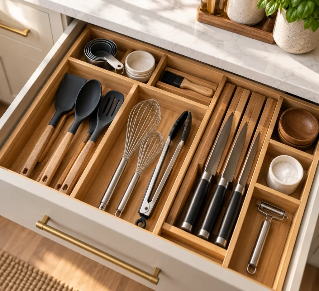 An open kitchen drawer fitted with a custom light oak organizer insert, grouping silicone spatulas, wire whisks, tongs, a collection of chef knives in a block, and small salt pinch bowls.