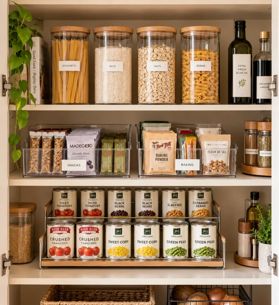 A detailed look inside a kitchen pantry shelf featuring large glass canisters for dry goods on top, clear acrylic bins for packaged snacks in the middle, and a two-tiered metal wire rack organizing canned beans and corn below.