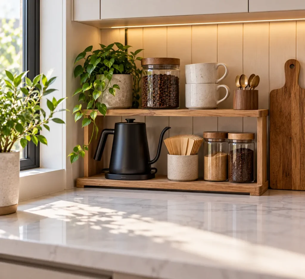 A close-up view of a small kitchen coffee station featuring a low two-tiered oak wooden shelf organizing a black electric kettle, a glass jar of coffee beans, stacked mugs, and wooden stirs.