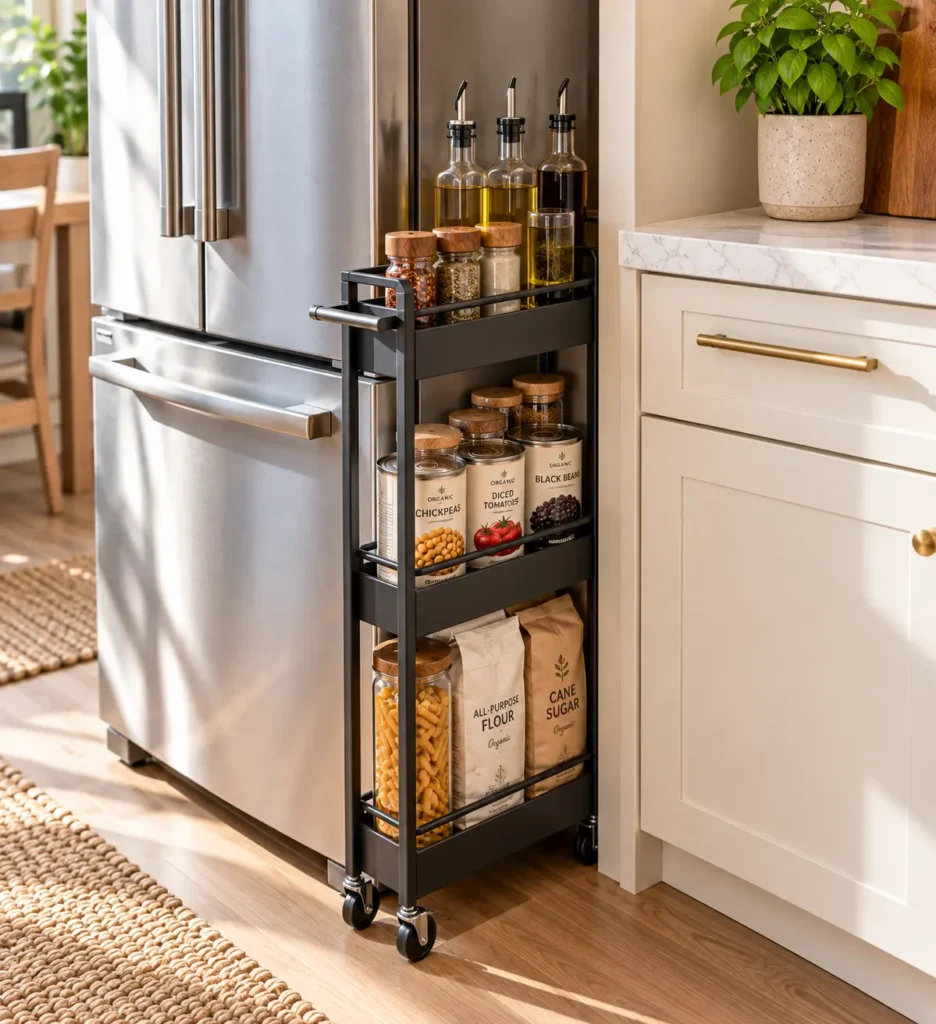 A slender matte black metal rolling storage utility cart tucked tightly in the narrow gap between a stainless steel refrigerator and a white kitchen cabinet, holding cooking oils, canned goods, and bags of flour.