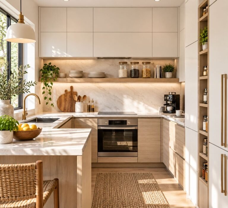 A wide horizontal view of a warm modern U-shaped kitchen featuring light wood lower cabinets, integrated open shelving, a jute runner rug, and a clear layout flow under soft morning light.